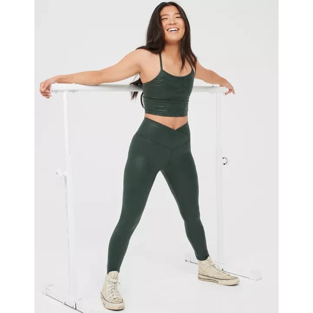 Offline by Aerie Women's Medium Green Faux Leather Crossover High Waist Leggings